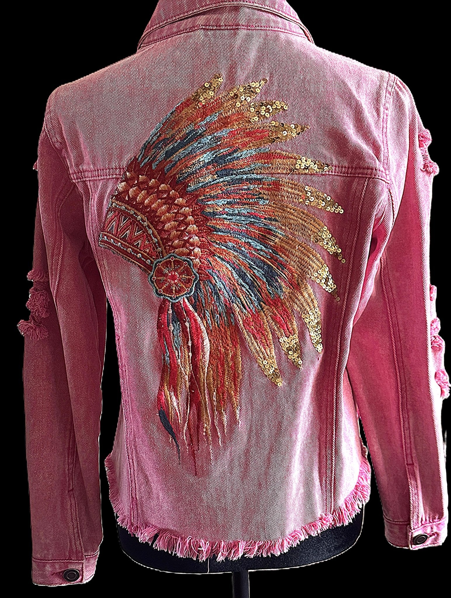 Pink Indian Headdress Distressed Denim Jacket - Apparel Savannah Jane