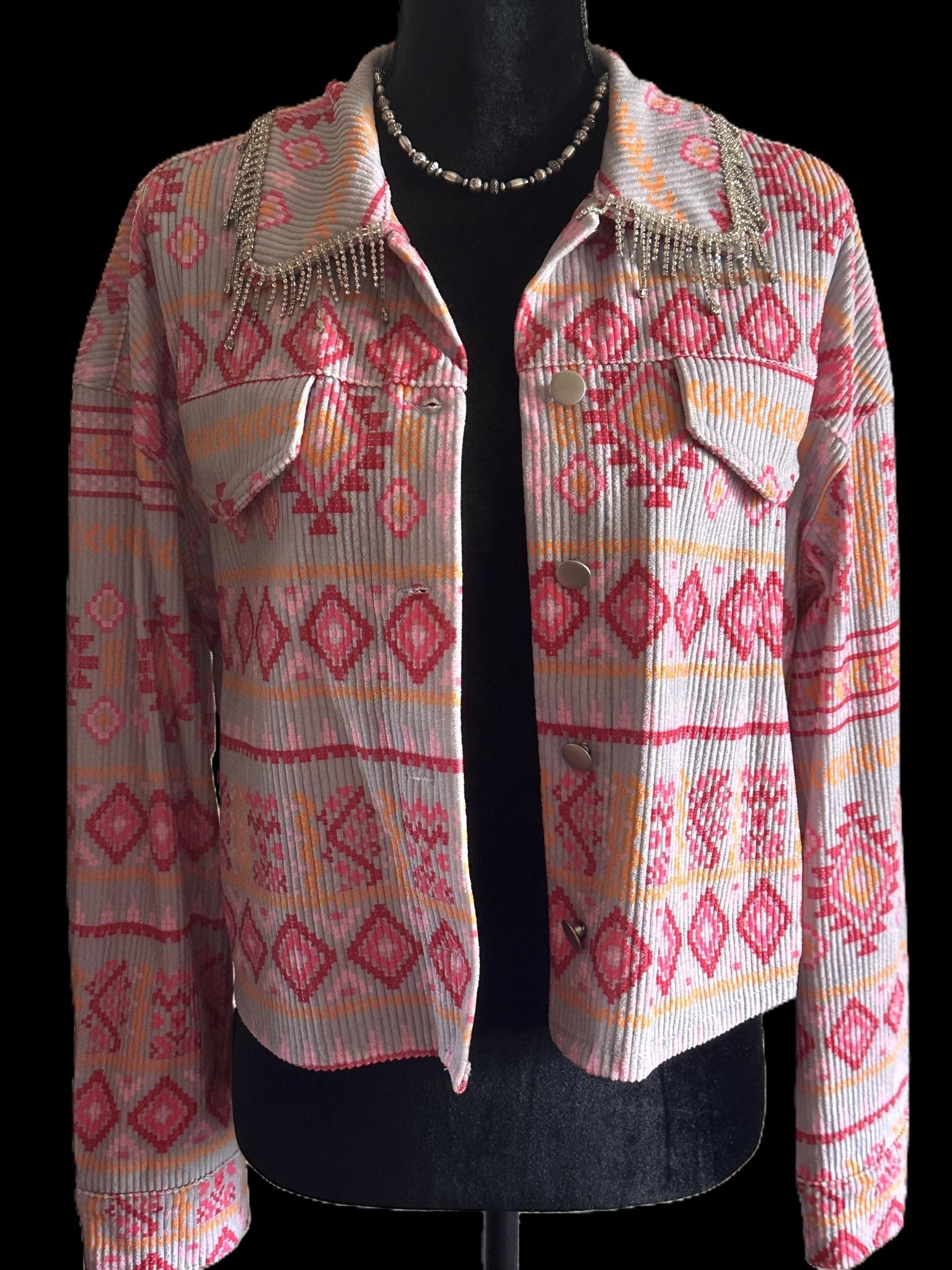 Pink Southwestern Print Denim Jacket with Rhinestone Fringe Collar - Apparel Savannah Jane