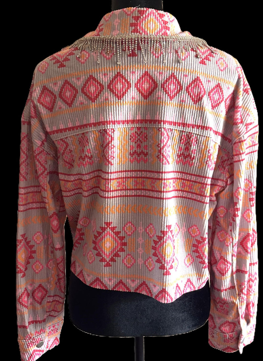 Pink Southwestern Print Denim Jacket with Rhinestone Fringe Collar - Apparel Savannah Jane