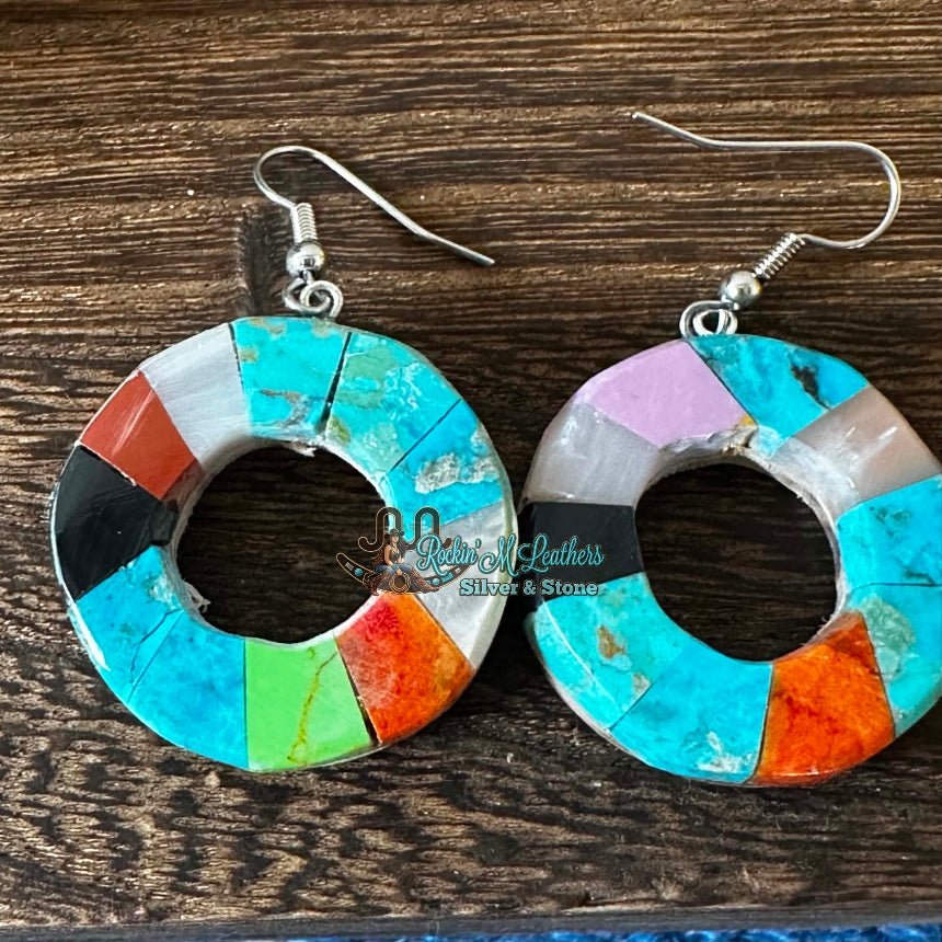 Kewa Santo Domingo Pueblo Mosaic Inlay Hoop Earrings - Native American Jewelry Indigenous Artist