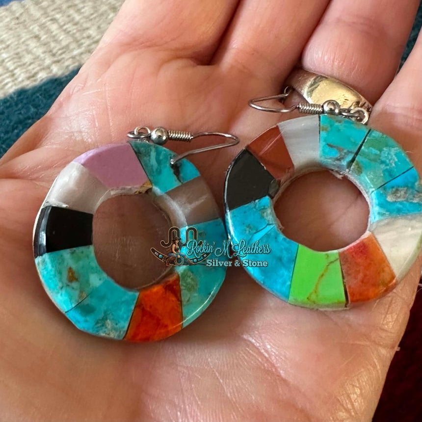 Kewa Santo Domingo Pueblo Mosaic Inlay Hoop Earrings - Native American Jewelry Indigenous Artist