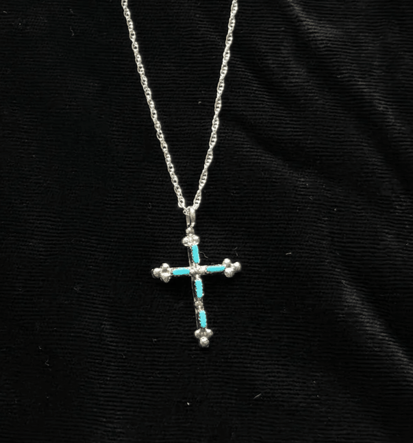 Sterling  Zuni Inlay Turquoise Cross Necklace by Marchelle Qualoo-  - Native American Jewelry