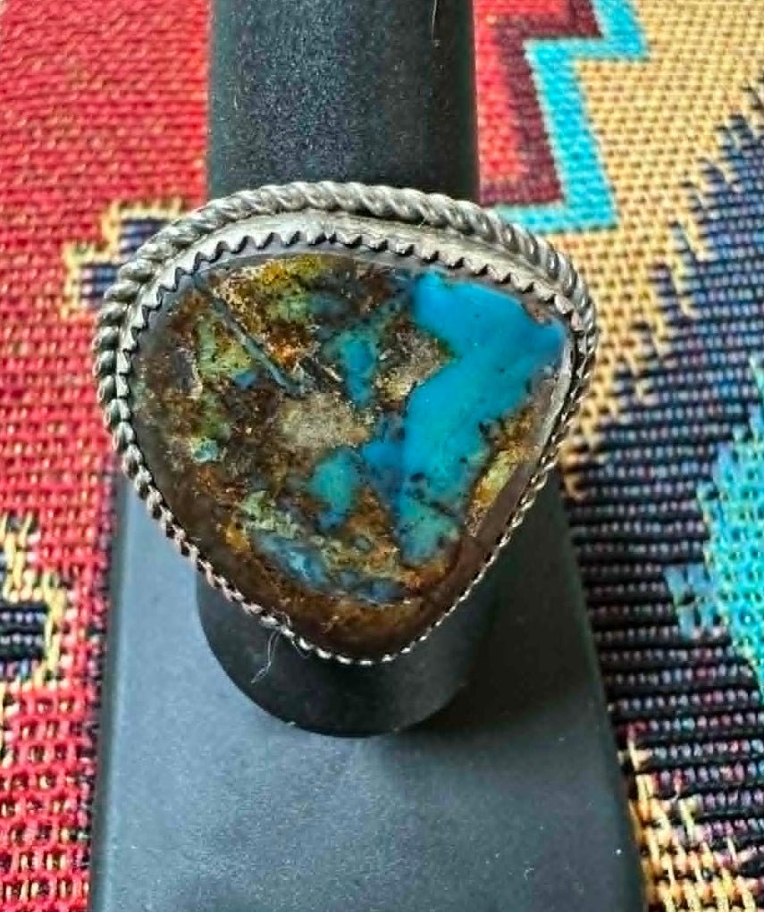 Navajo Sterling Silver BlackJack Turquoise Triangle Shape size 9.5 Ring by Benny Benally - Native American Jewelry Benny Benally
