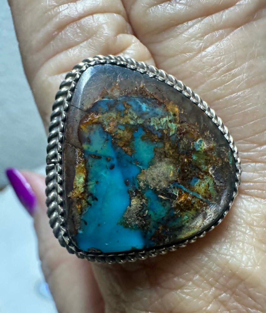 Navajo Sterling Silver BlackJack Turquoise Triangle Shape size 9.5 Ring by Benny Benally - Native American Jewelry Benny Benally