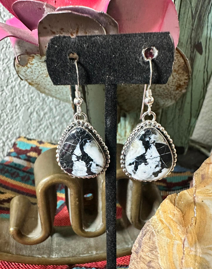 Navajo Sterling Silver White Buffalo Teardrop Dangle Earrings by A.P.