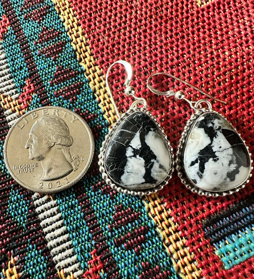 Navajo Sterling Silver White Buffalo Teardrop Dangle Earrings by A.P. Closeup