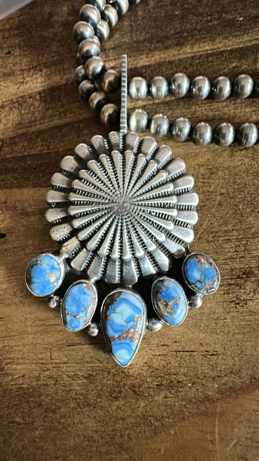 Sterling Silver & Golden Hills Turquoise Concho Necklace by Tom Lewis - Native American Jewelry Tom Lewis