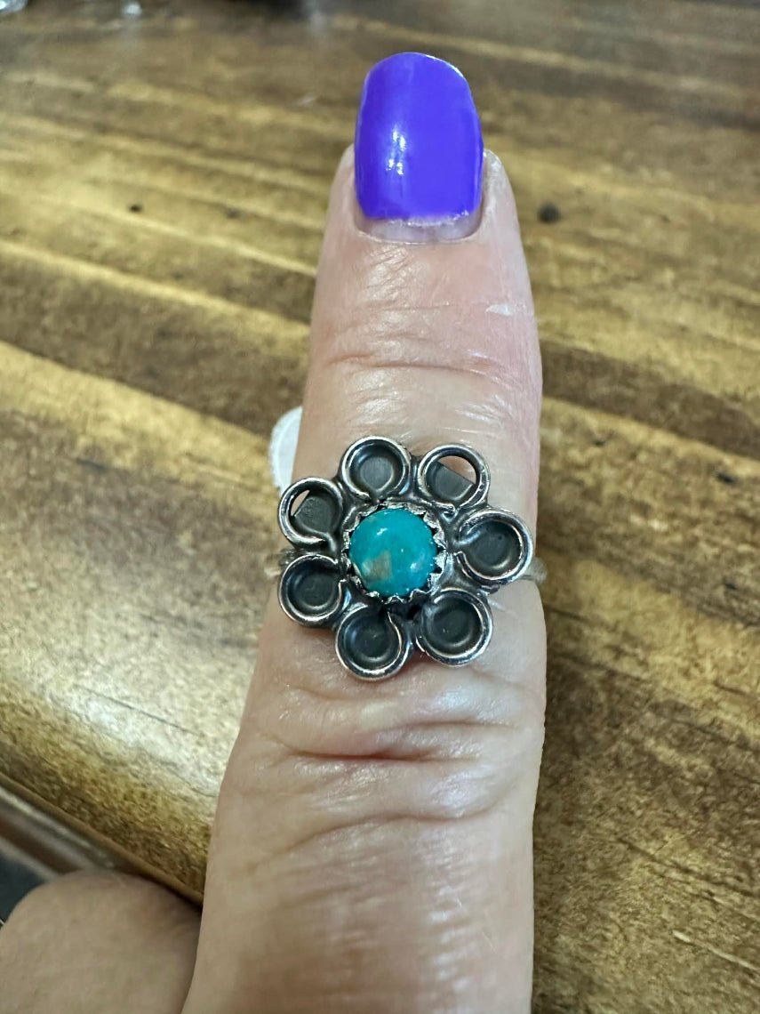 Navajo Sterling Silver Turquoise Flower Ring by G Perry - Native American Jewelry G Perry