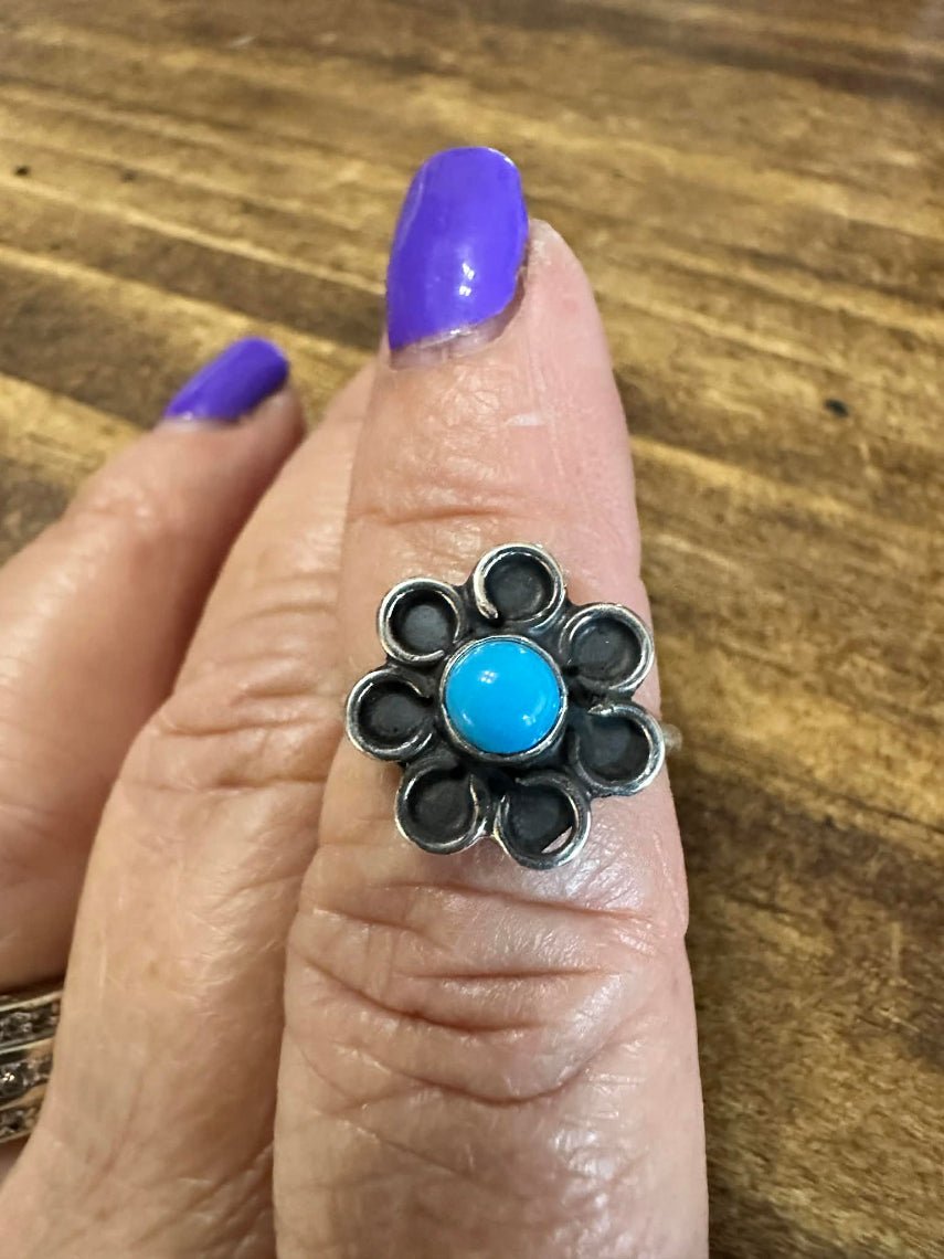 Navajo Sterling Silver Turquoise Flower Ring by G Perry - Native American Jewelry G Perry