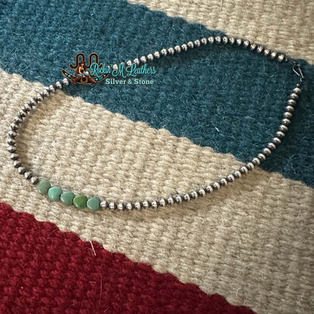 Sterling Silver 5mm Navajo Style Bead Necklace and Green Turquoise Hearts 18 in. - Native American Jewelry Indigenous Artist