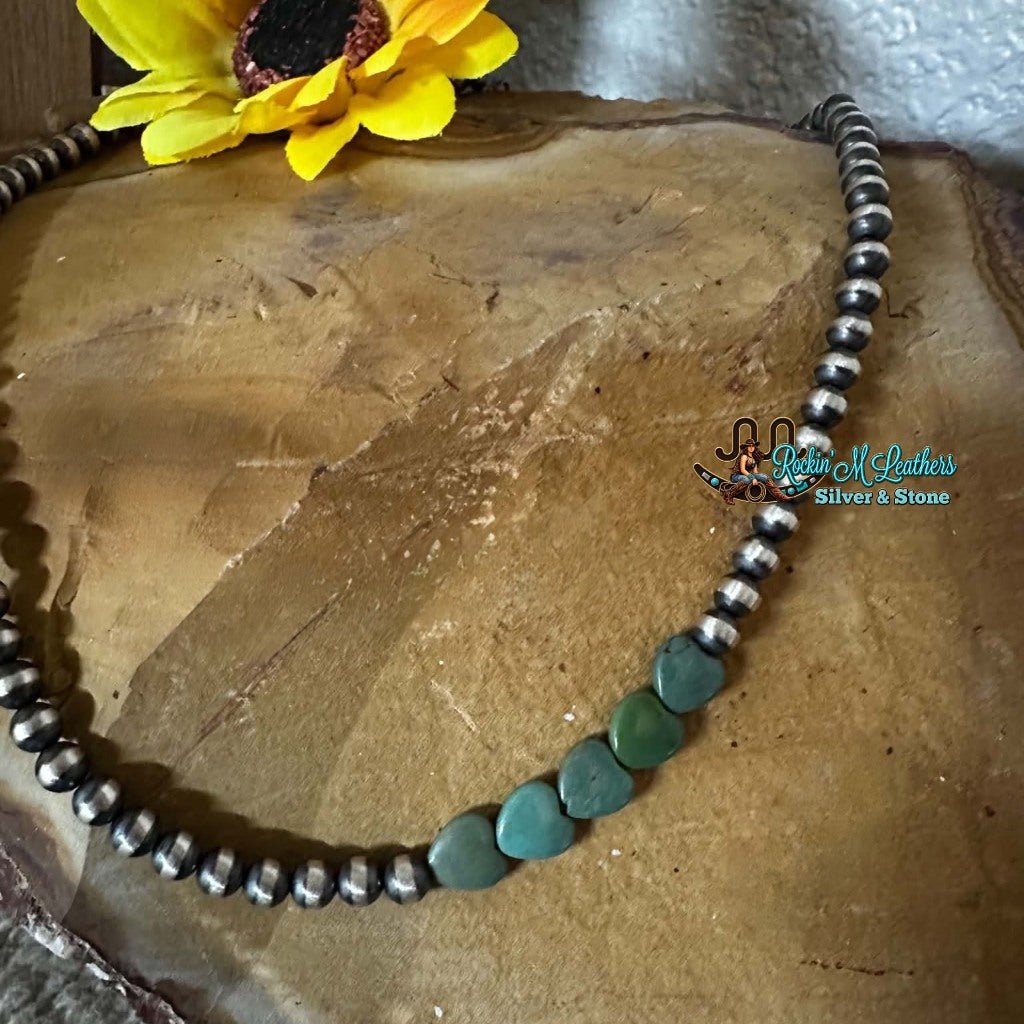 Sterling Silver 5mm Navajo Style Bead Necklace and Green Turquoise Hearts 18 in. - Native American Jewelry Indigenous Artist