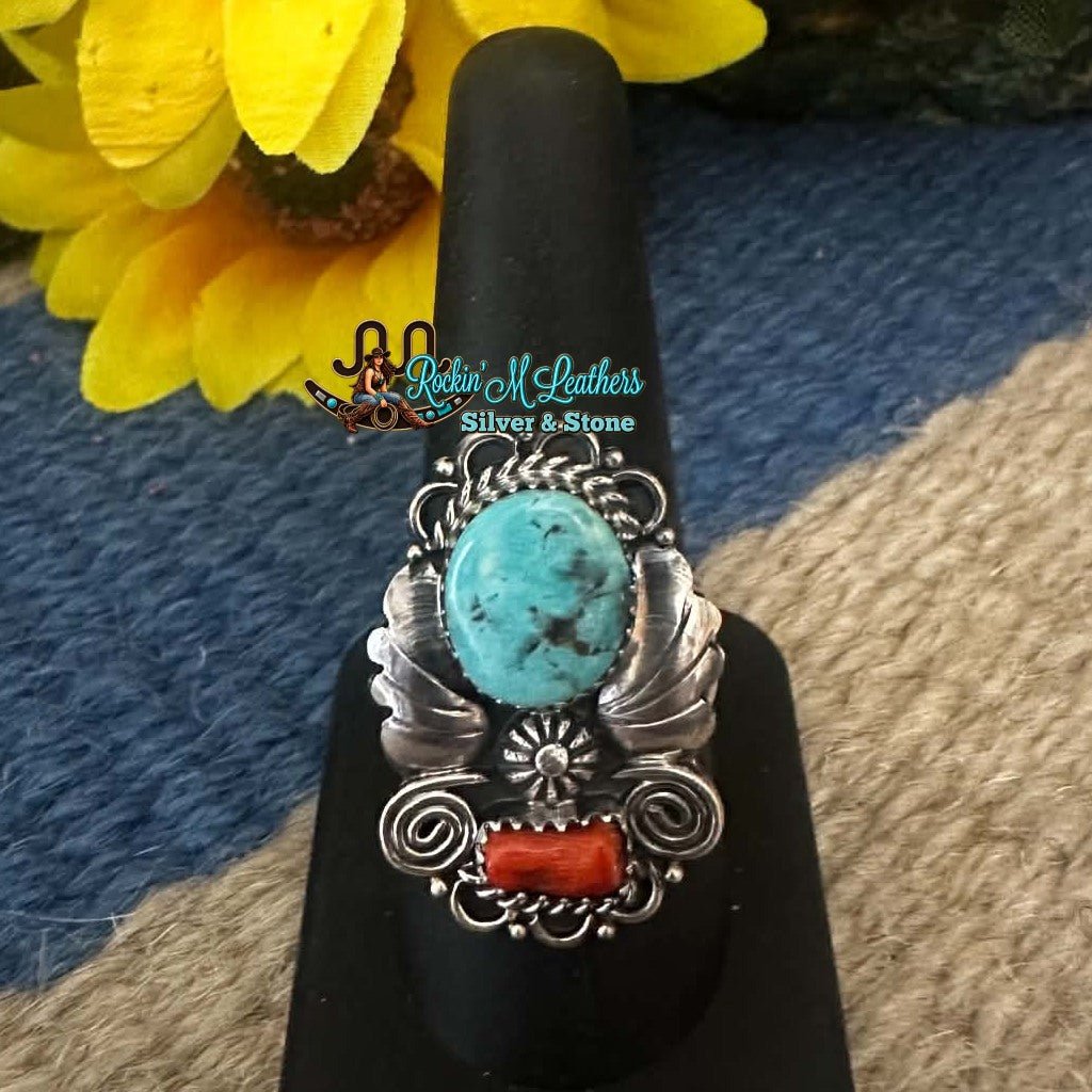 Sterling Silver Coral and Turquoise ring by Renee Yazzie Sz 9 - Native American Jewelry Renee Yazzie