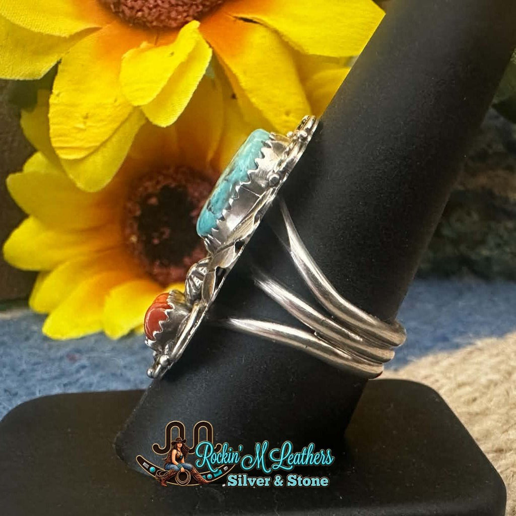 Sterling Silver Coral and Turquoise ring by Renee Yazzie Sz 9 - Native American Jewelry Renee Yazzie