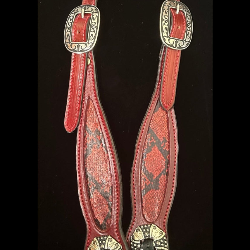 Single Sliding Ear Headstall - Black & Red Python Inlay | Rockin' M Leathers