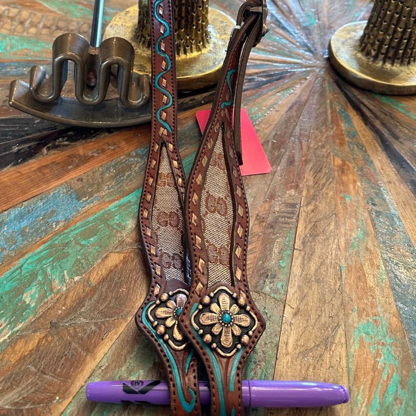 Single Sliding Ear Headstall – Blue Ribbon & Bronze Buckstitch - Tack Rockin' M Leathers