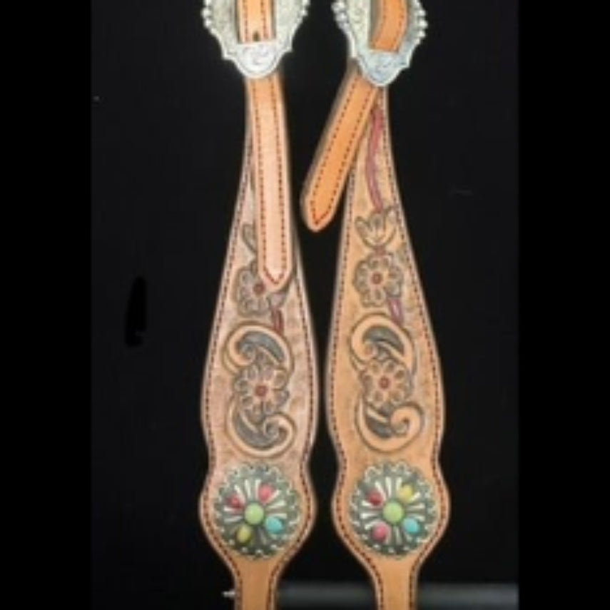 Single Sliding Ear Headstall – Red Ribbon Floral - Tack Rockin' M Leathers