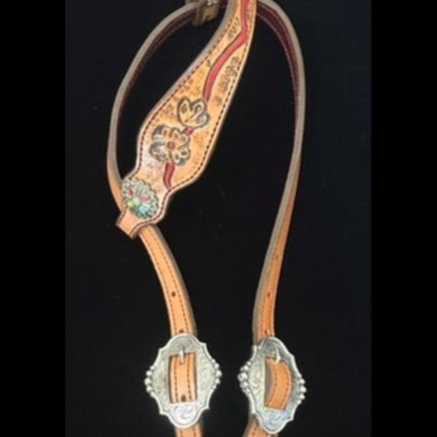 Single Sliding Ear Headstall – Red Ribbon Floral - Tack Rockin' M Leathers