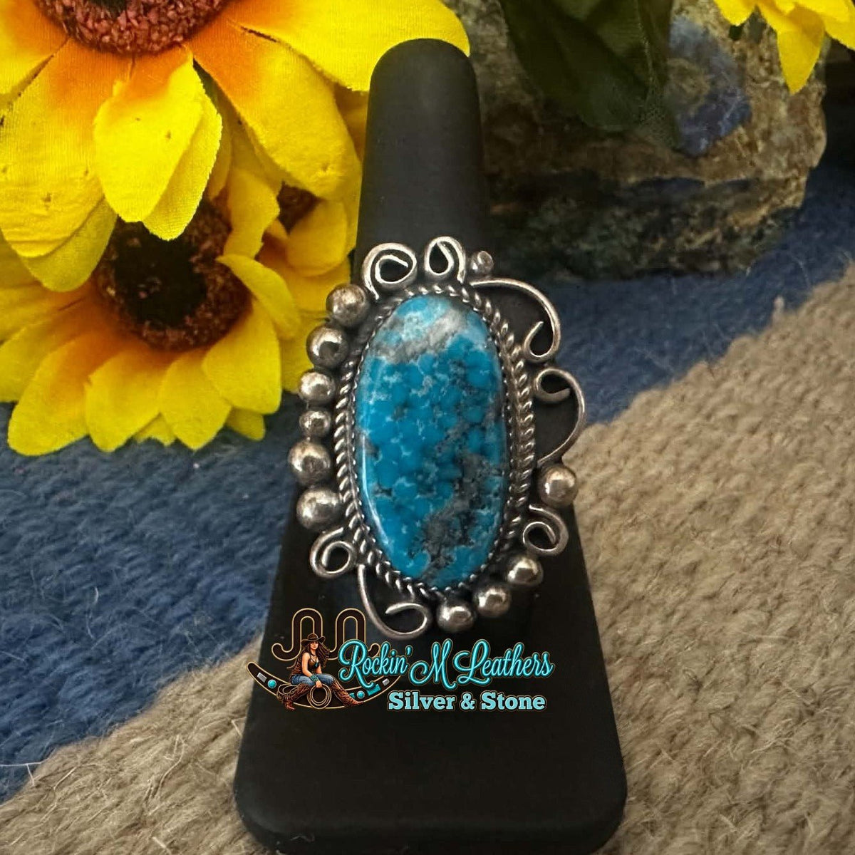 Sterling Silver & Turquoise Statement Ring by Leslie Nez Sz 9-1/2 - Native American Jewelry Leslie Nez