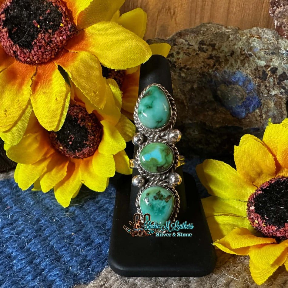 Sterling Silver 3 stone Sonoran Gold Ring Sz 9 By Darius Arviso - Native American Jewelry Darius Arviso