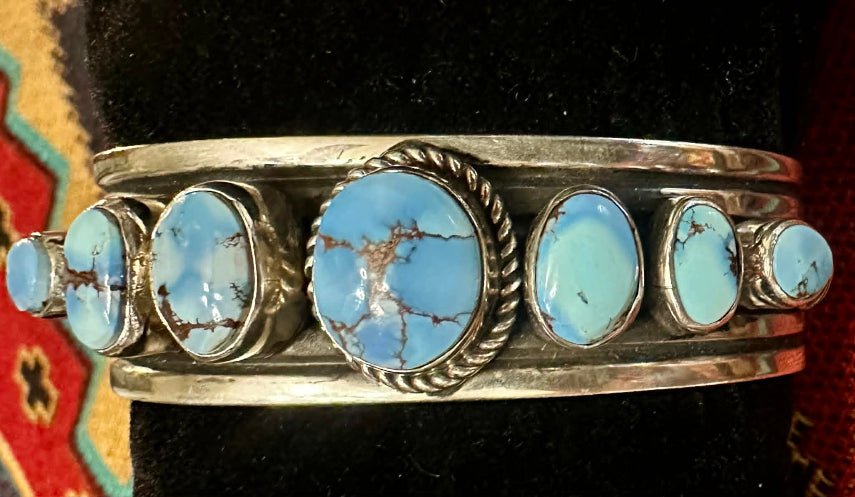 Sterling Silver & 7-Stone Golden Hills Turquoise Bracelet By A. Jake-HBH - Native American Jewelry A. Jake/HBH