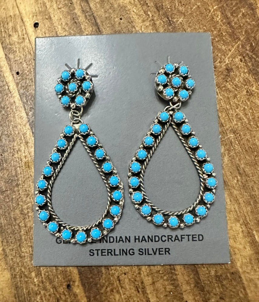 Sterling Silver Beaded Turquoise Teardrop Hoops with Cluster Studs - Native American Jewelry FAT