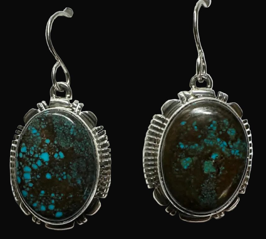 Navajo Sterling Silver Blackjack Turquoise Dangle Earrings by "A" - Native American Jewelry A