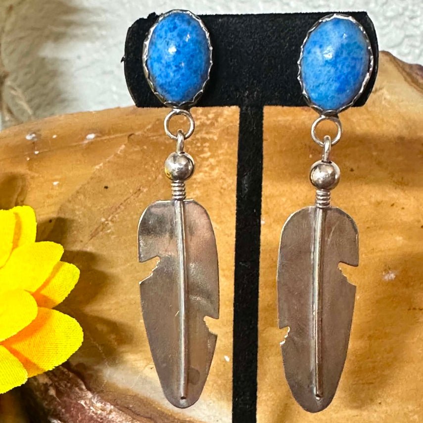 Sterling Silver & Denim Lapis Feather Post Dangle Earrings - Native American Jewelry Indigenous Artist