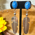 Sterling Silver & Denim Lapis Feather Post Dangle Earrings - Native American Jewelry Indigenous Artist
