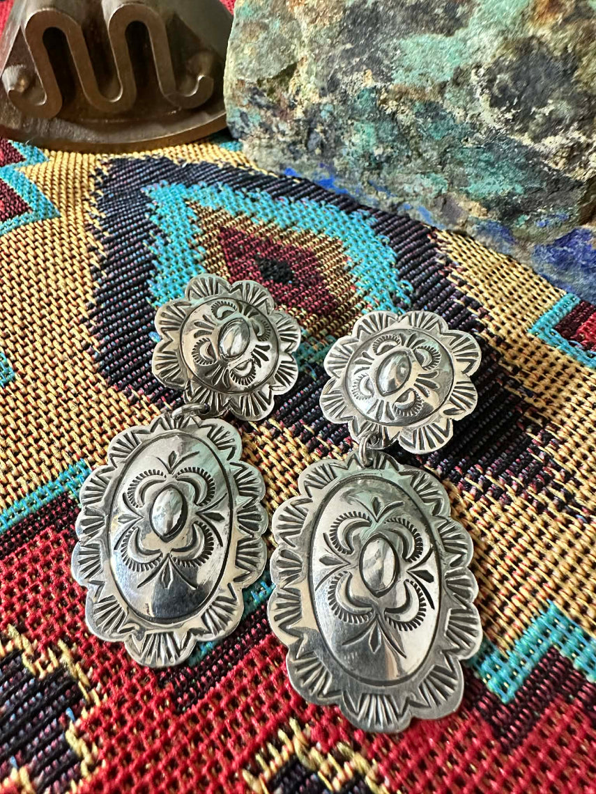Sterling Silver Double Concho Post Dangle Earrings by Navajo artist Bertha Begay 