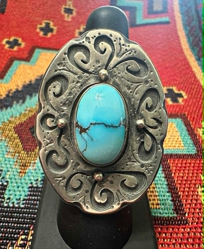 Sterling Silver & Golden Hill Navajo Scroll Concho Ring - SZ 7 by MB - Native American Jewelry Marita Benally