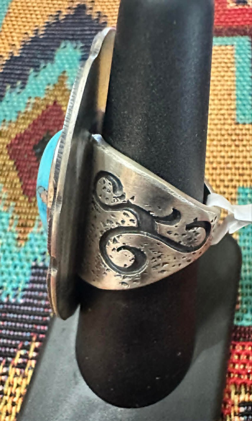 Sterling Silver & Golden Hill Navajo Scroll Concho Ring - SZ 7 by Marita Benally - Sideview