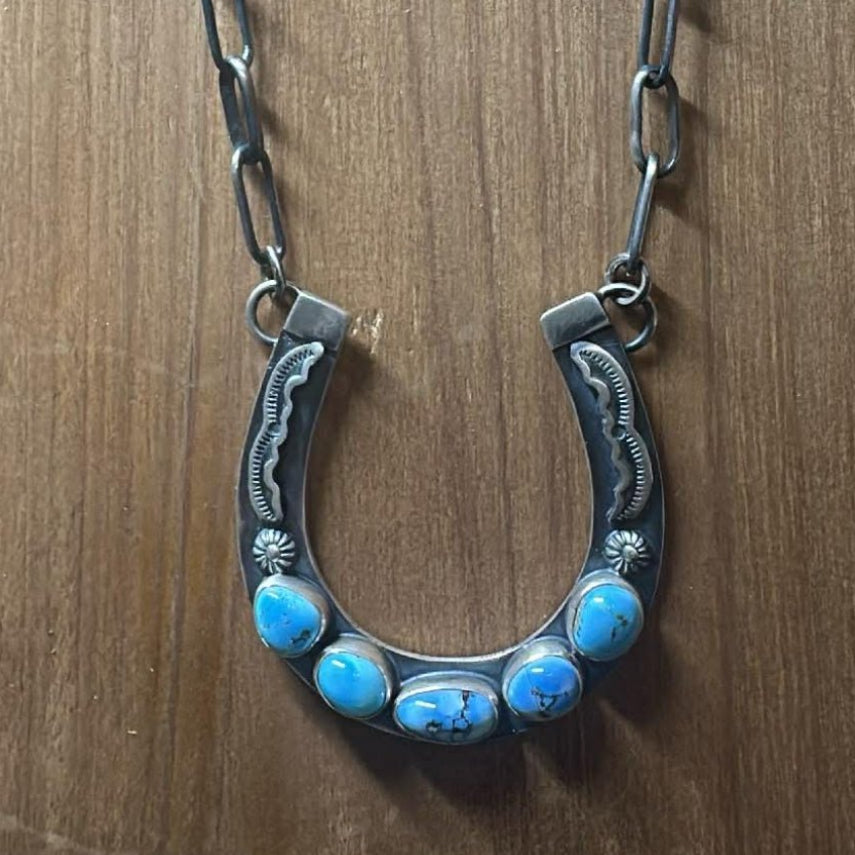 Sterling Silver & Golden Hills Turquoise Horseshoe Necklace by Jackson Hoskie - Native American Jewelry Jackson Hoskie