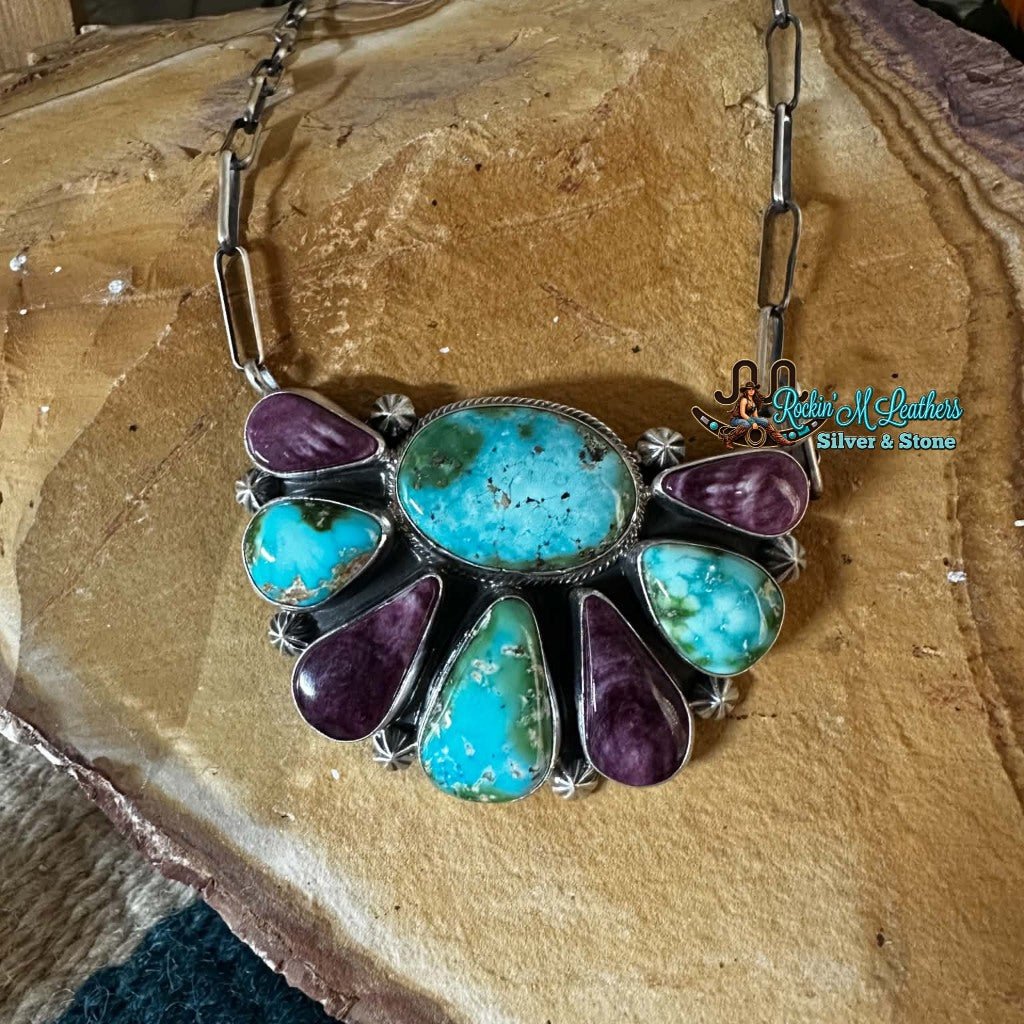 Sterling Silver Half Cluster Sonoran Gold & Purple Spiny Necklace by Darrin Livingston - Native American Jewelry Darrin Livingston