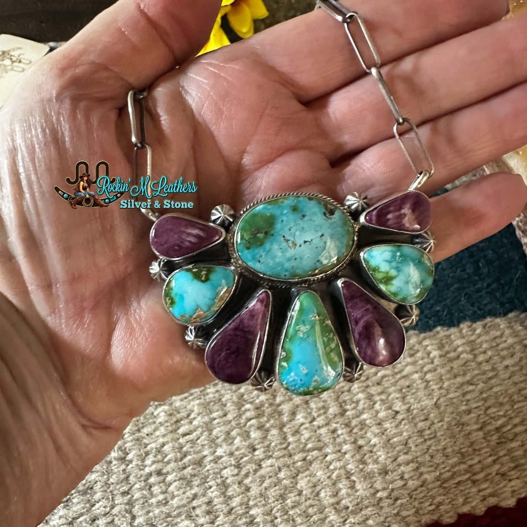 Sterling Silver Half Cluster Sonoran Gold & Purple Spiny Necklace by Darrin Livingston - Native American Jewelry Darrin Livingston
