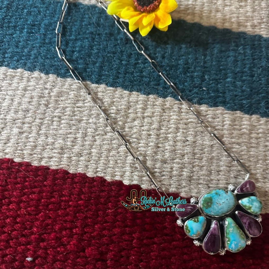 Sterling Silver Half Cluster Sonoran Gold & Purple Spiny Necklace by Darrin Livingston - Native American Jewelry Darrin Livingston