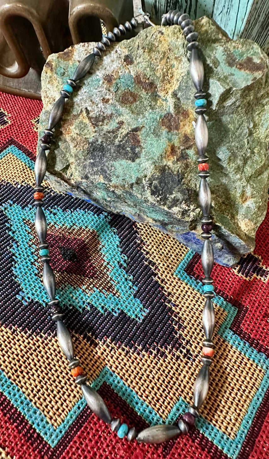 Sterling Silver Handmade 16" Melon Bead and Mixed Turquoise Necklace by Reva Goodluck Alt view