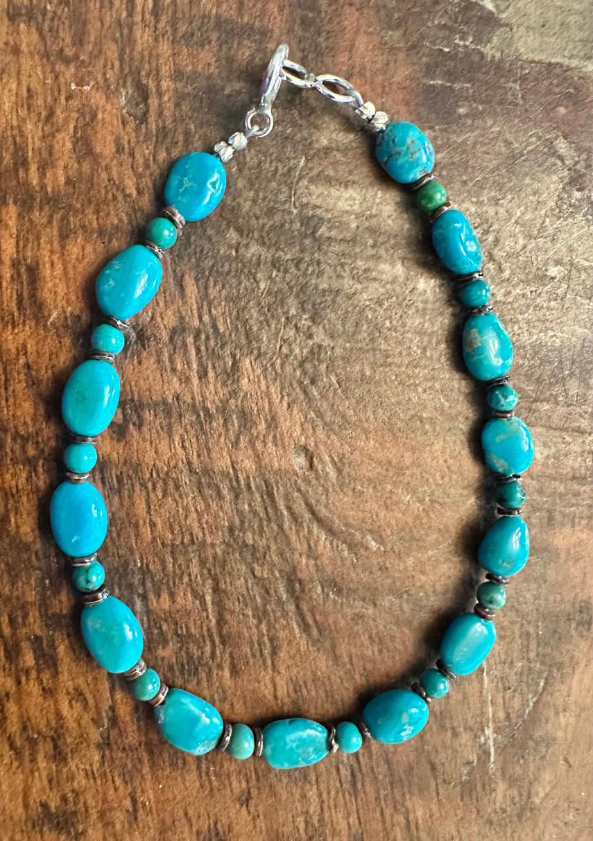 Sterling Silver Handstrung Kingman Turquoise Beaded Bracelet by Marcella Bealle - Native American Jewelry Marcella Bealle
