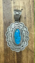 Sterling Silver Kingman Turquoise Long Oval Concho Pendant by B. Shorty - Native American Jewelry B.Shorty