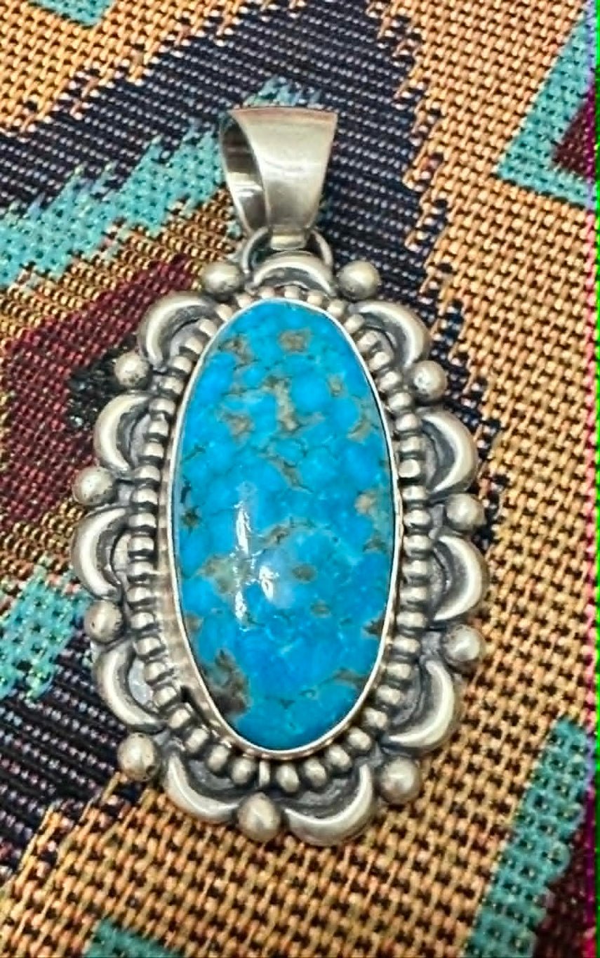 Sterling Silver Kingman Turquoise Oval Pendant by L & C - Native American Jewelry L & C