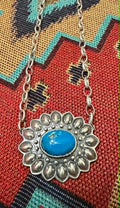 Sterling Silver Kingman Turquoise Round Flower Concho Necklace - Native American Jewelry FAT