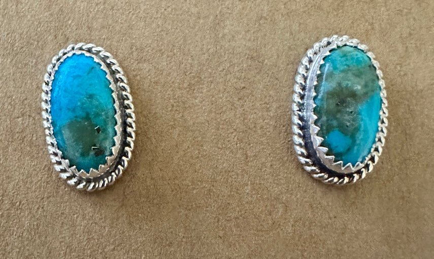 Sterling Silver Kingman Turquoise Small Oval Silver Rope Edge Stud Earrings - Native American Jewelry Rockin' M Leathers