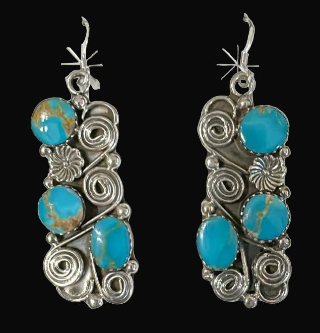 Sterling Silver Kingman Turquoise Swirl Earrings By Charlene Yazzie - Native American Jewelry Charlene Yazzie