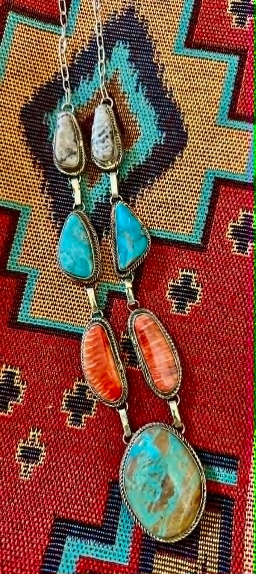 Sterling Silver Kingman Turquoise, White Buffalo & Spiny Lariat Necklace by Bennie Ration - Native American Jewelry