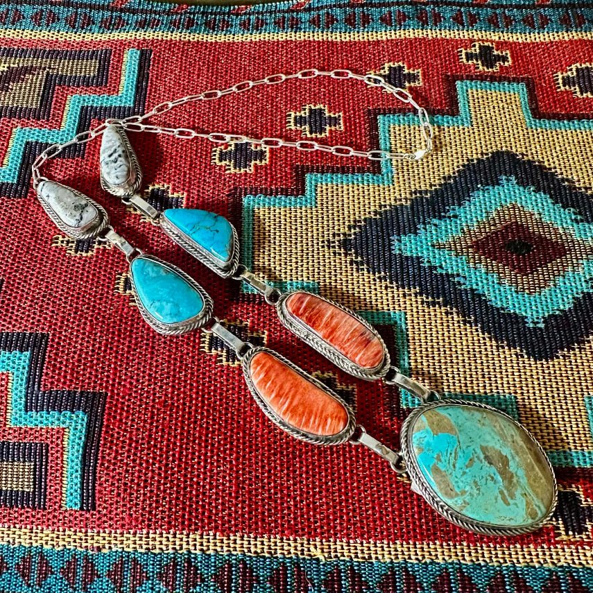 Sterling Silver Kingman Turquoise, White Buffalo & Spiny Lariat Necklace by Bennie Ration - Native American Jewelry Bennie Ration