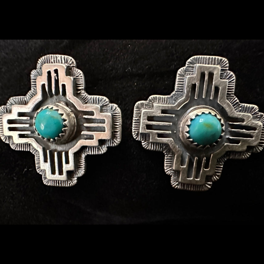 Sterling Silver & Kingman Turquoise Zia Symbol Earrings by Jerold Joe - Native American Jewelry Jerold Joe