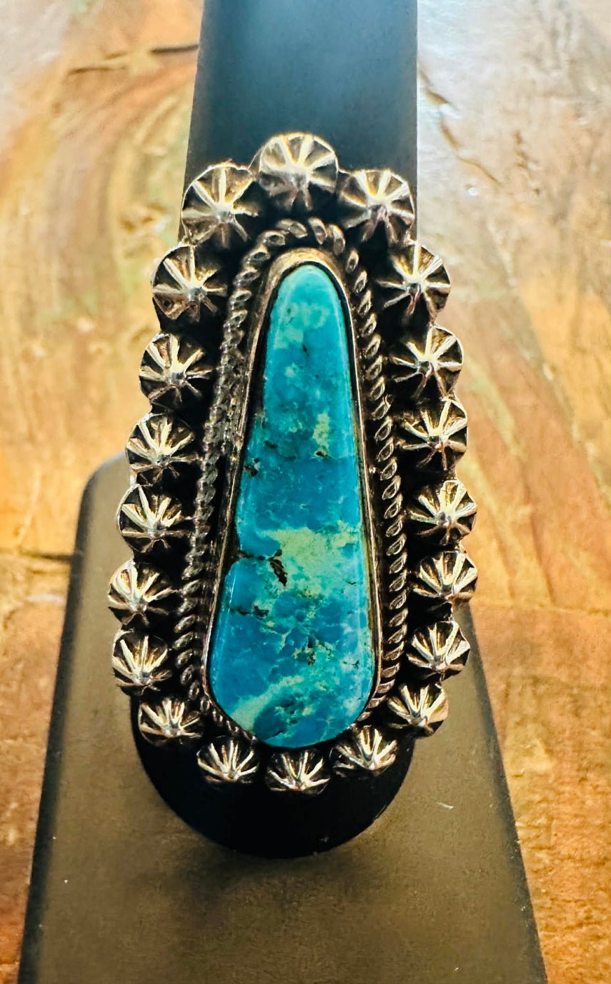 Sterling Silver Long Oval Blue Gem With Star Shots Ring by Rosella Paxton - Native American Jewelry Rosella Paxton