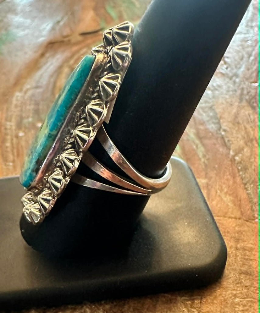 Sterling Silver Long Oval Blue Gem With Star Shots Ring by Rosella Paxton - Native American Jewelry Rosella Paxton