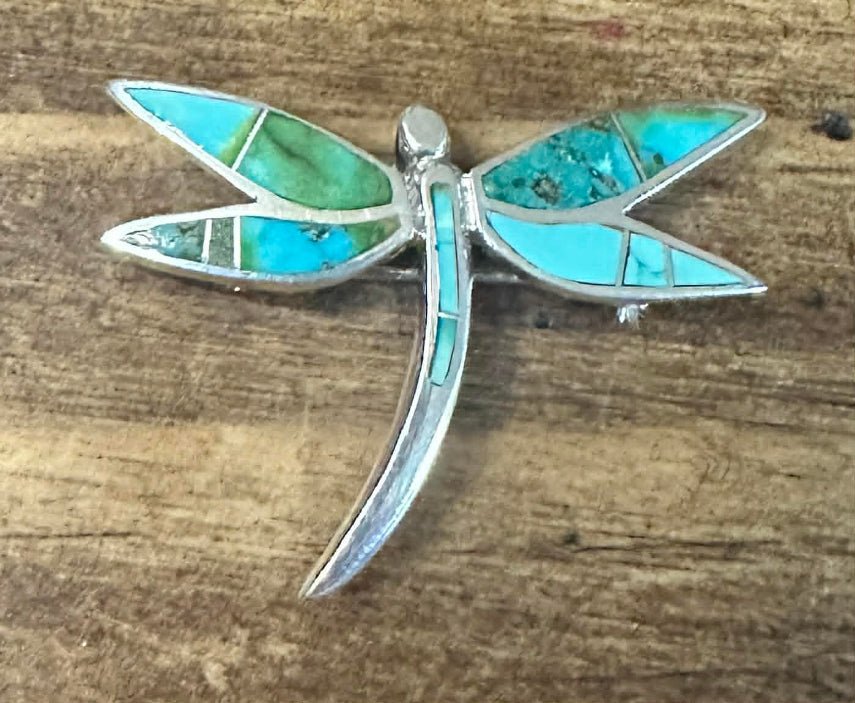 Sterling Silver Multi-Turquoise Inlay Dragon Fly Pin by "SS" - Native American Jewelry SS