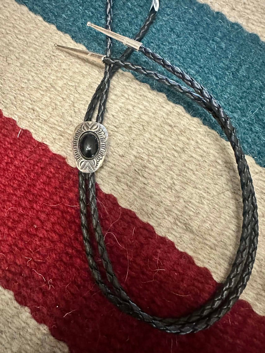 Sterling Silver Navajo Black Onyx Shadowbox Bolo Necklace - Native American Jewelry Rockin' M Leathers