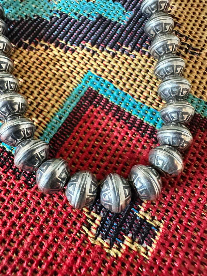 Sterling Silver Navajo Pearl 18-20" 8mm Navajo Style Stamped Pearl Necklace Closeup